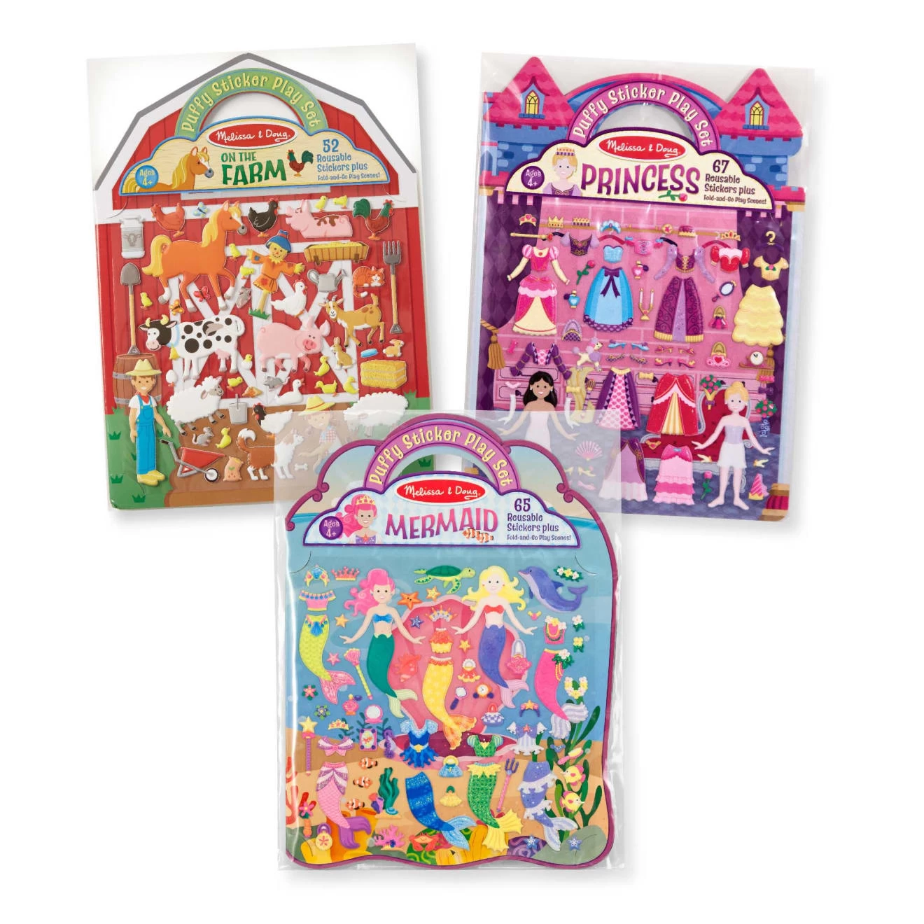 Melissa & Doug Puffy Sticker Bundle - Farm, Princess & Mermaid